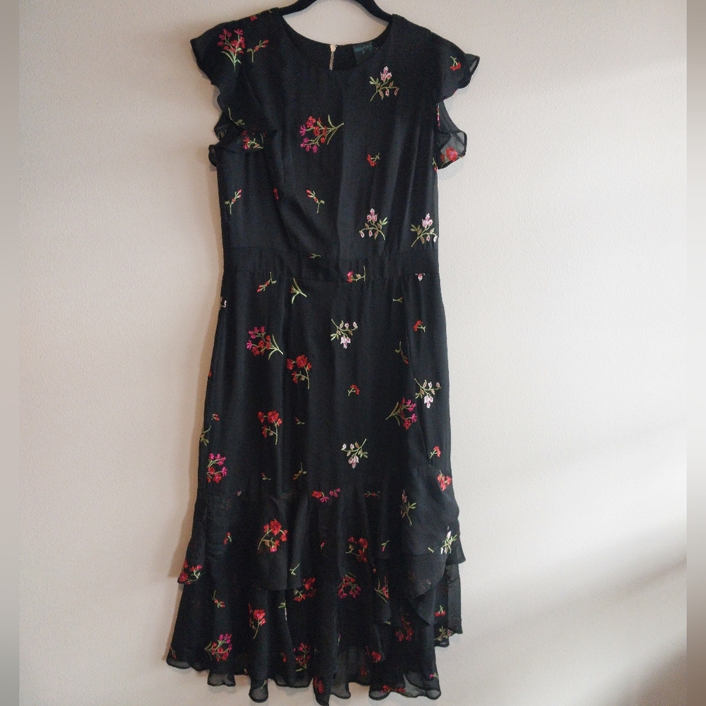 Gabby Skye Black Embroidered Floral Tiered Ruffle Fit and Flare Midi Dress NWOT